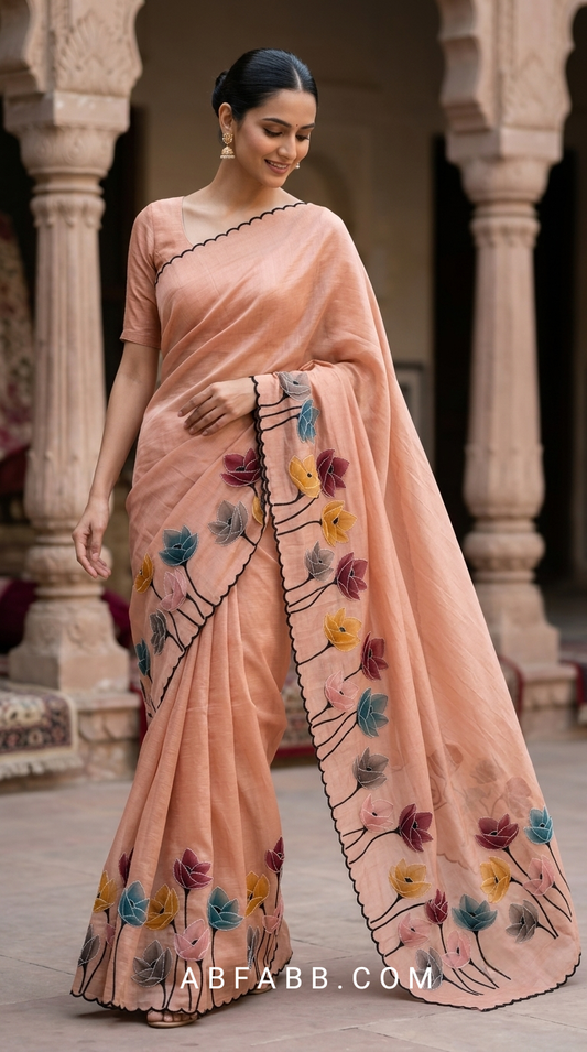 Blush Peach Mul Chanderi Silk Saree with Floral Applique Work & Scalloped Border