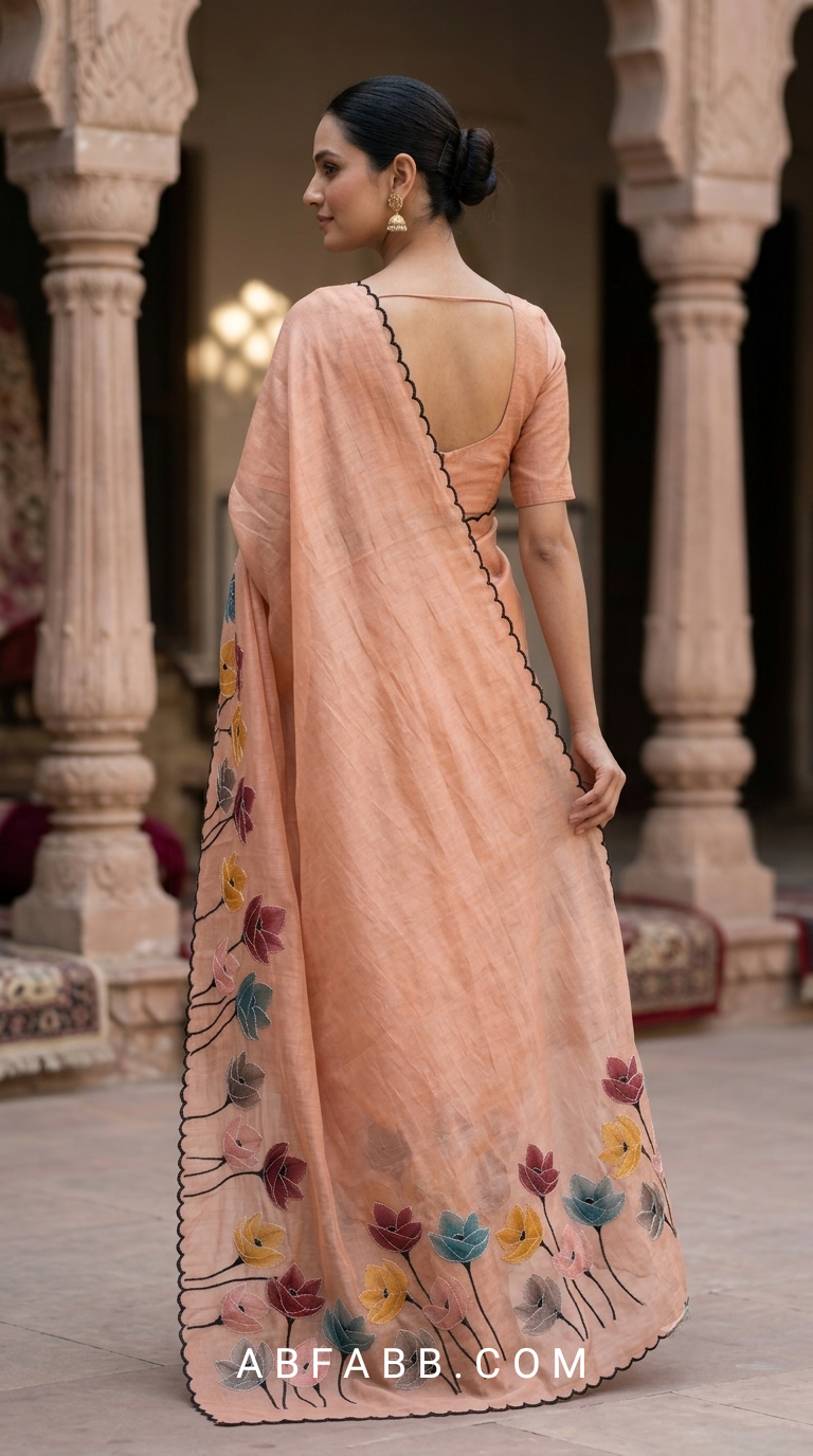Blush Peach Mul Chanderi Silk Saree with Floral Applique Work & Scalloped Border