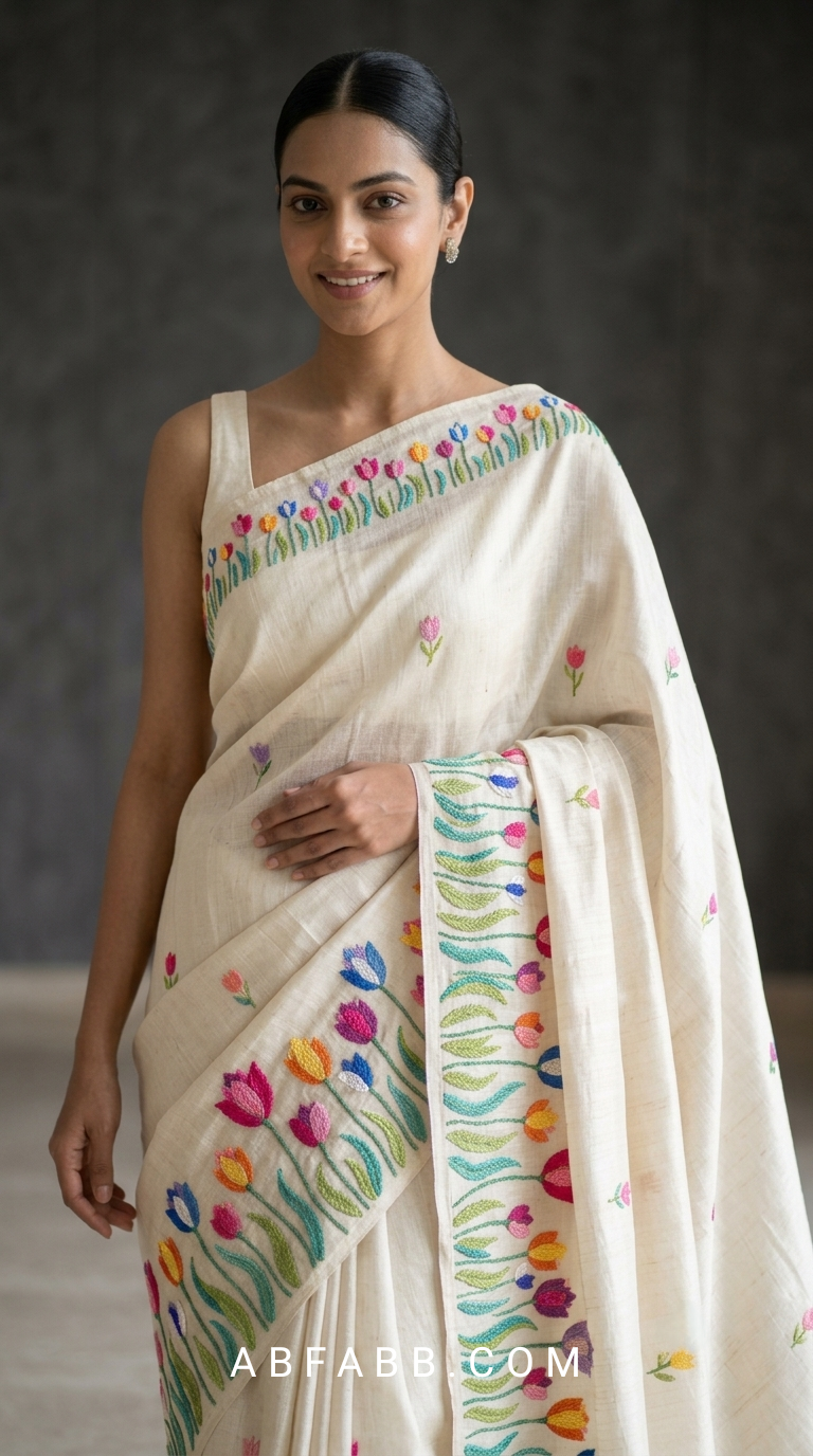 Pure Tussar Silk Saree in Off-White With Multicolored Tulip Embroidery