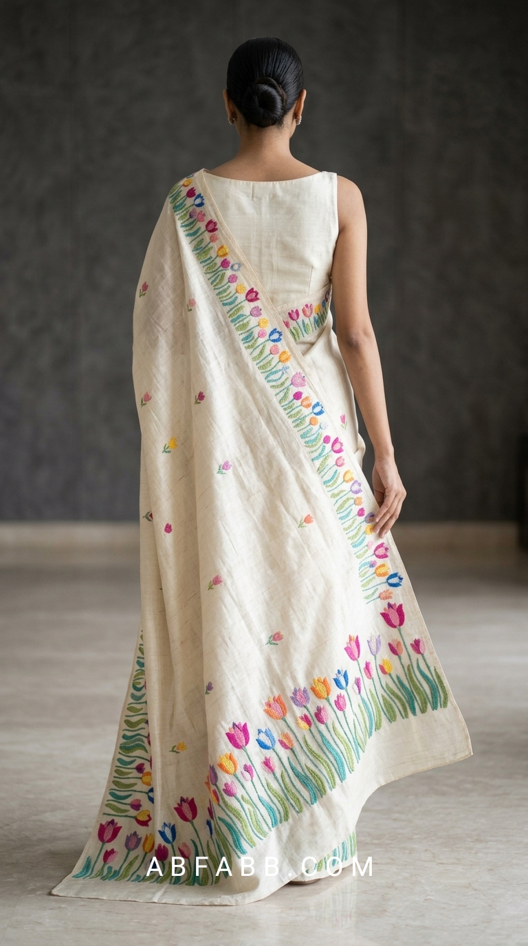 Pure Tussar Silk Saree in Off-White With Multicolored Tulip Embroidery