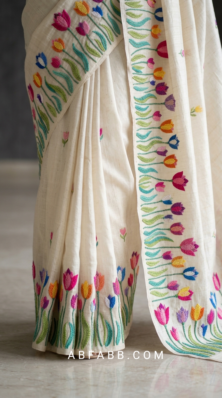 Pure Tussar Silk Saree in Off-White With Multicolored Tulip Embroidery