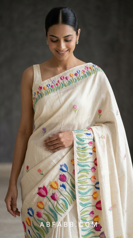 Pure Tussar Silk Saree in Off-White With Multicolored Tulip Embroidery