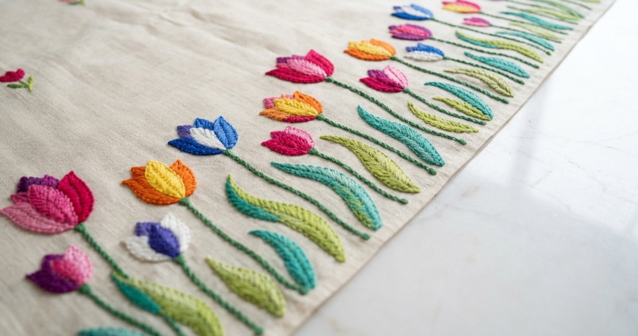 Pure Tussar Silk Saree in Off-White With Multicolored Tulip Embroidery