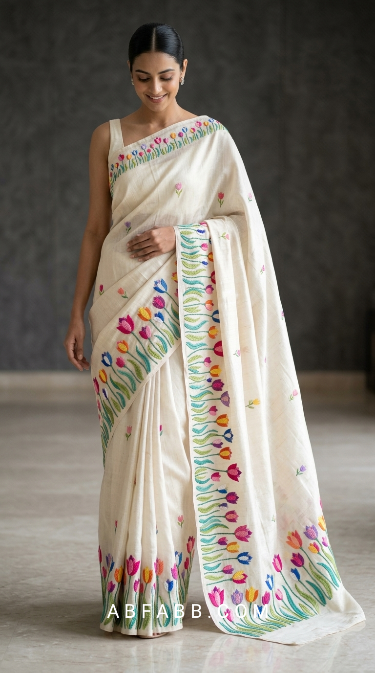 Pure Tussar Silk Saree in Off-White With Multicolored Tulip Embroidery