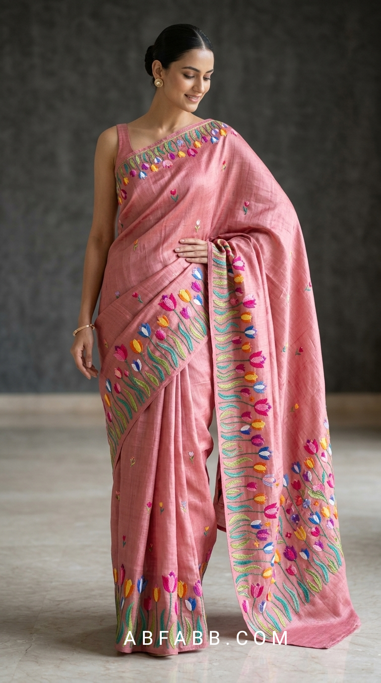 Pure Tussar Silk Saree In Onion Pink With Multicolored Tulip Embroidery
