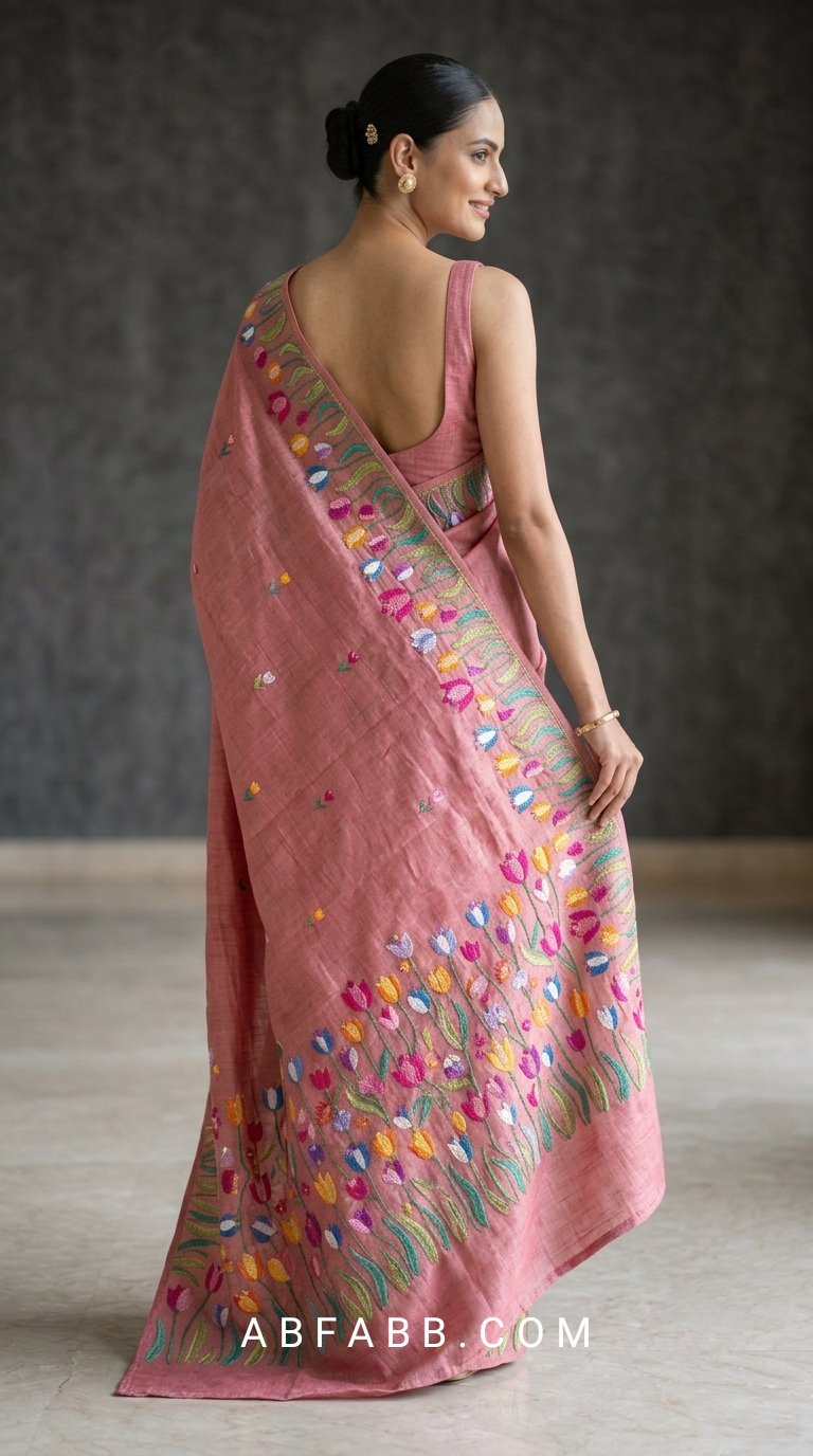 Pure Tussar Silk Saree In Onion Pink With Multicolored Tulip Embroidery