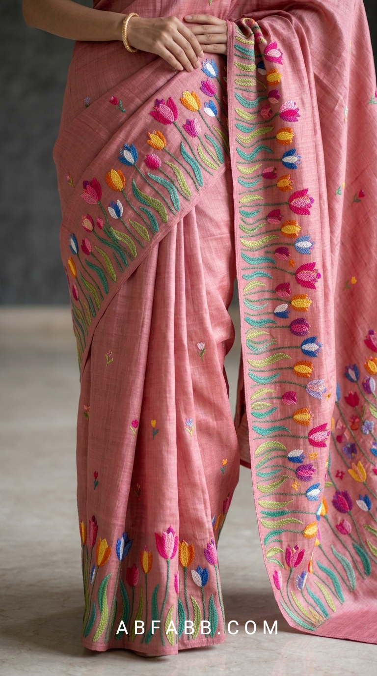 Pure Tussar Silk Saree In Onion Pink With Multicolored Tulip Embroidery