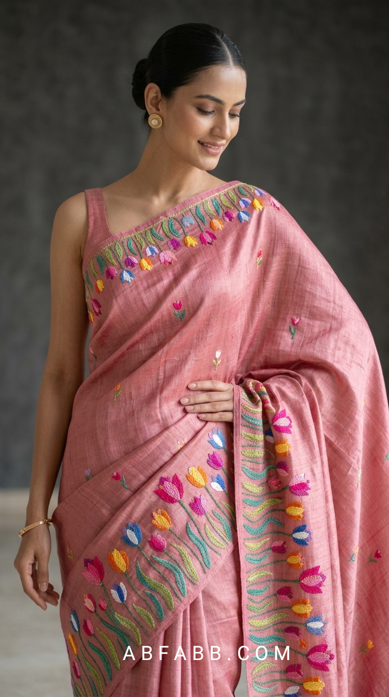 Pure Tussar Silk Saree In Onion Pink With Multicolored Tulip Embroidery
