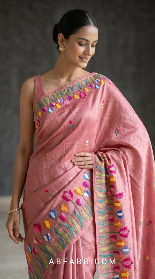 Pure Tussar Silk Saree In Onion Pink With Multicolored Tulip Embroidery
