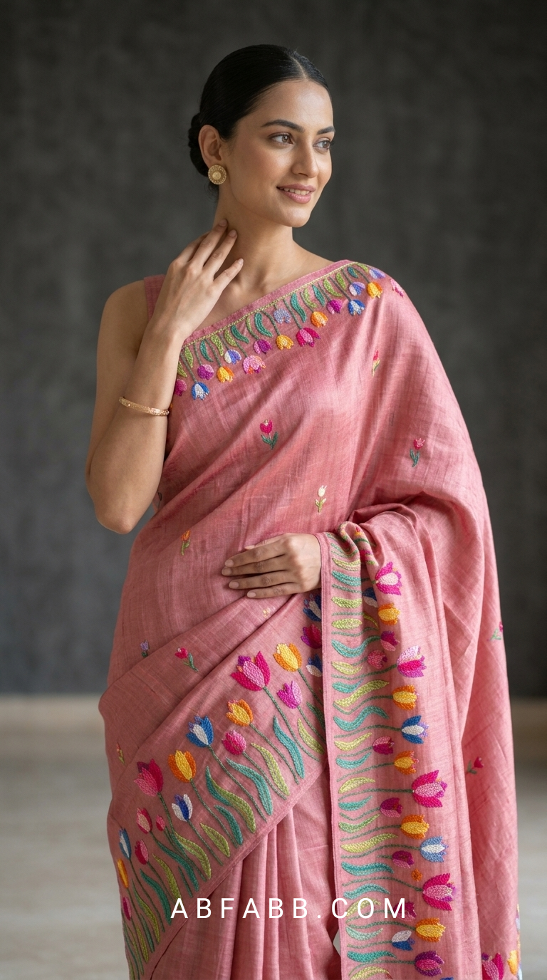 Pure Tussar Silk Saree In Onion Pink With Multicolored Tulip Embroidery
