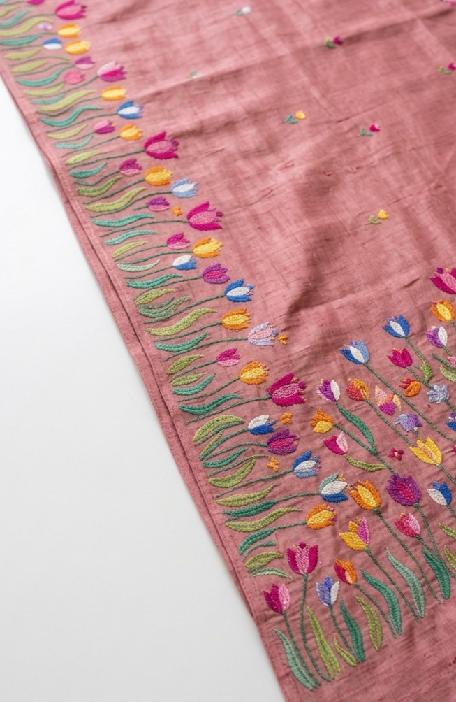 Pure Tussar Silk Saree In Onion Pink With Multicolored Tulip Embroidery