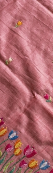 Pure Tussar Silk Saree In Onion Pink With Multicolored Tulip Embroidery