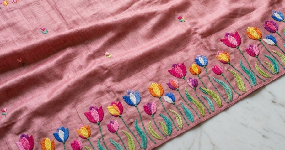 Pure Tussar Silk Saree In Onion Pink With Multicolored Tulip Embroidery