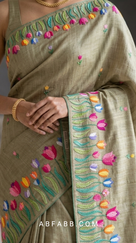 Pure Tussar Silk Saree In Mehendi Green With Multicolored Tulip Embroidery
