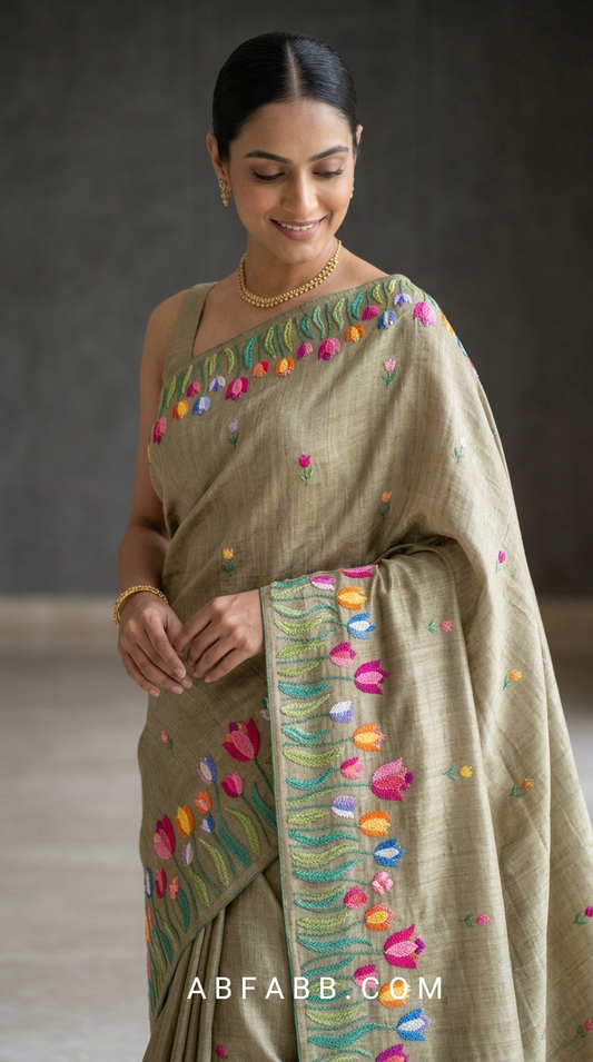 Pure Tussar Silk Saree In Mehendi Green With Multicolored Tulip Embroidery