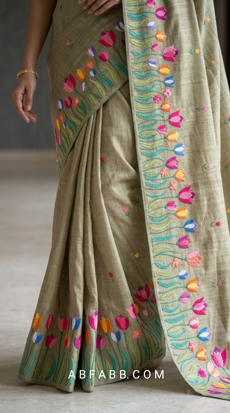 Pure Tussar Silk Saree In Mehendi Green With Multicolored Tulip Embroidery