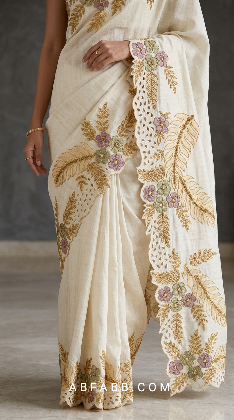 Off-White Pure Tussar Silk Saree With Scalloped Cutwork And Floral Applique