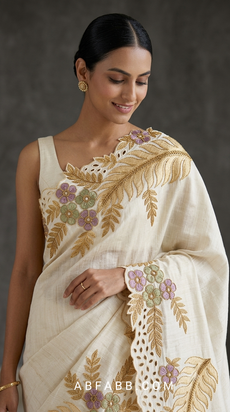 Off-White Pure Tussar Silk Saree With Scalloped Cutwork And Floral Applique