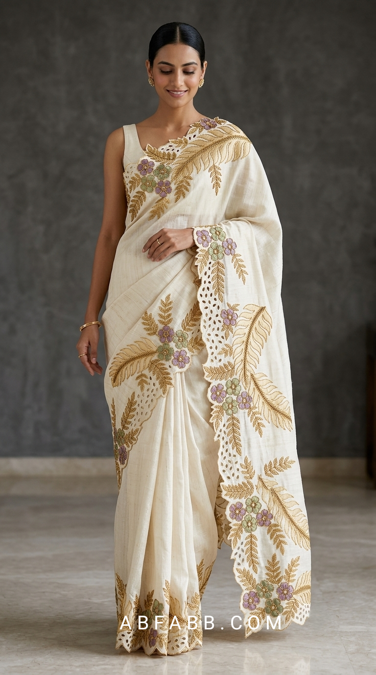 Off-White Pure Tussar Silk Saree With Scalloped Cutwork And Floral Applique