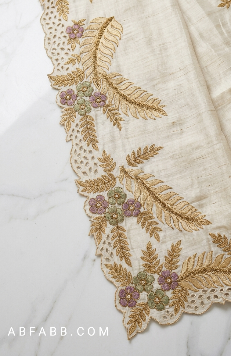 Off-White Pure Tussar Silk Saree With Scalloped Cutwork And Floral Applique