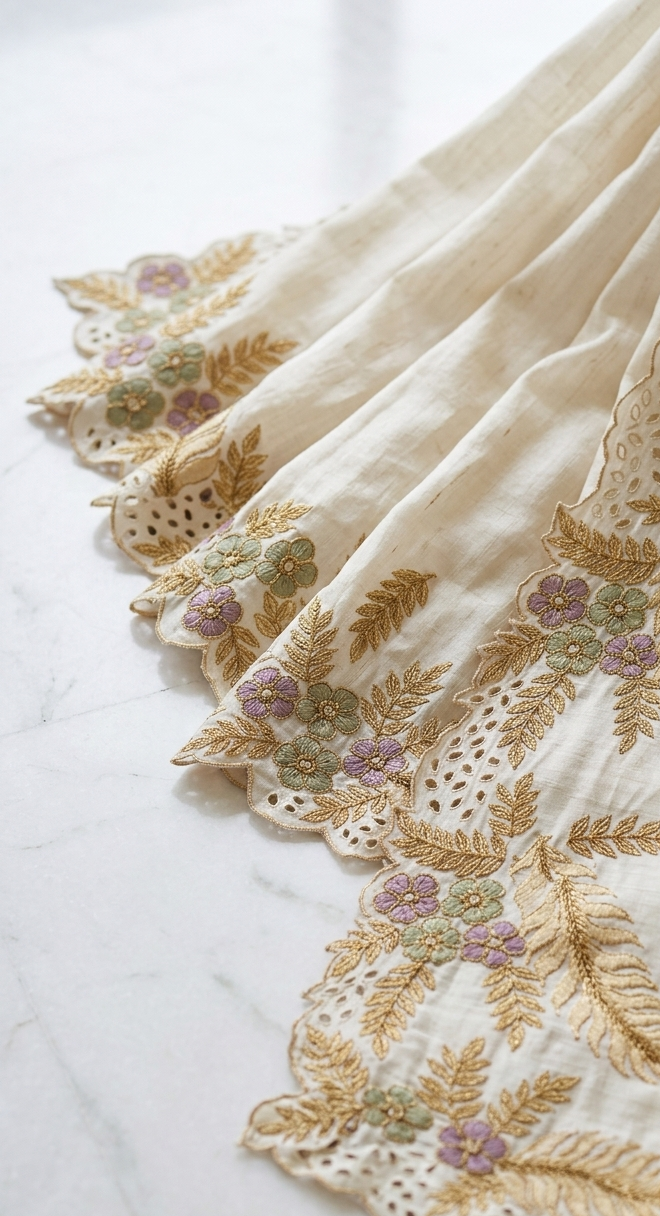 Off-White Pure Tussar Silk Saree With Scalloped Cutwork And Floral Applique