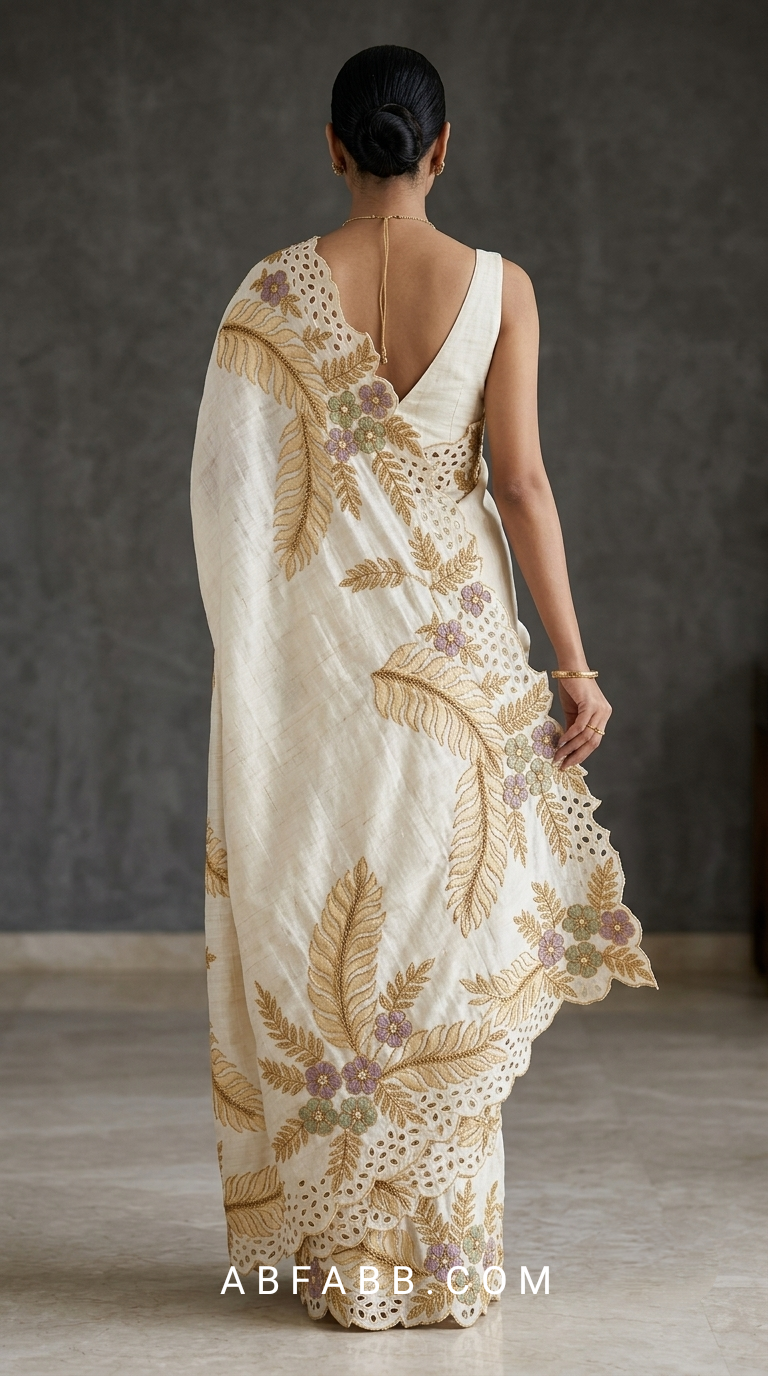 Off-White Pure Tussar Silk Saree With Scalloped Cutwork And Floral Applique
