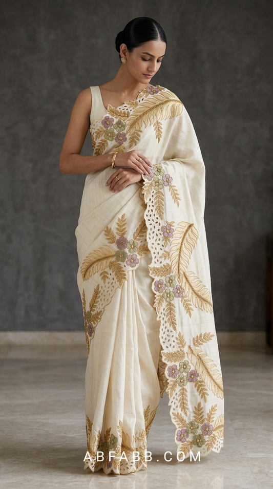 Off-White Pure Tussar Silk Saree With Scalloped Cutwork And Floral Applique
