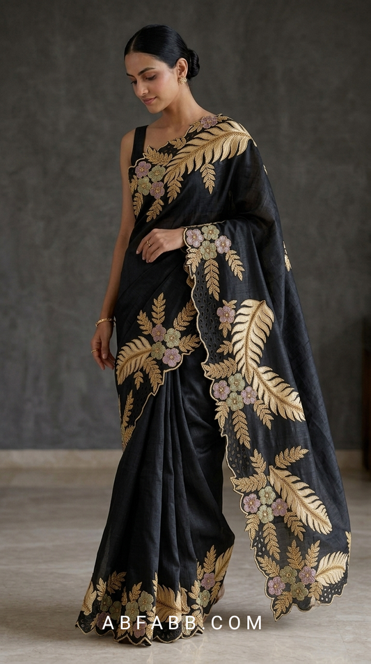 Black Pure Tussar Silk Saree With Scalloped Cutwork And Floral Applique