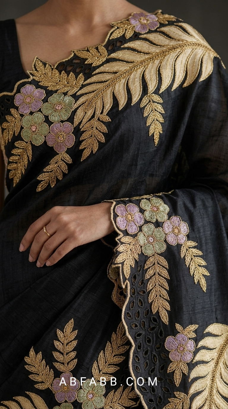 Black Pure Tussar Silk Saree With Scalloped Cutwork And Floral Applique