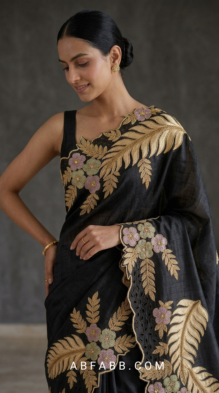 Black Pure Tussar Silk Saree With Scalloped Cutwork And Floral Applique