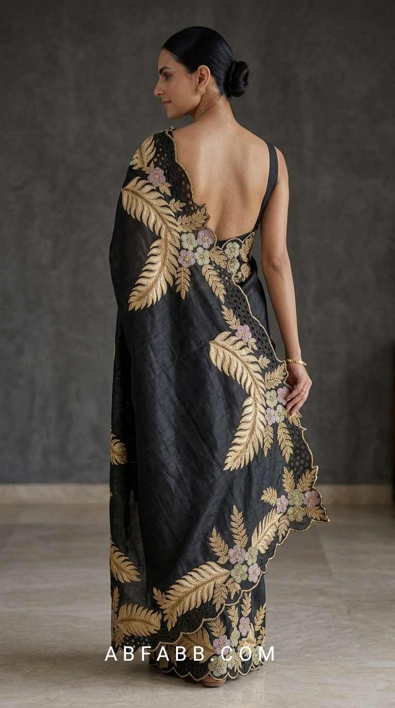 Black Pure Tussar Silk Saree With Scalloped Cutwork And Floral Applique