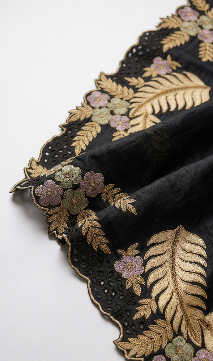 Black Pure Tussar Silk Saree With Scalloped Cutwork And Floral Applique