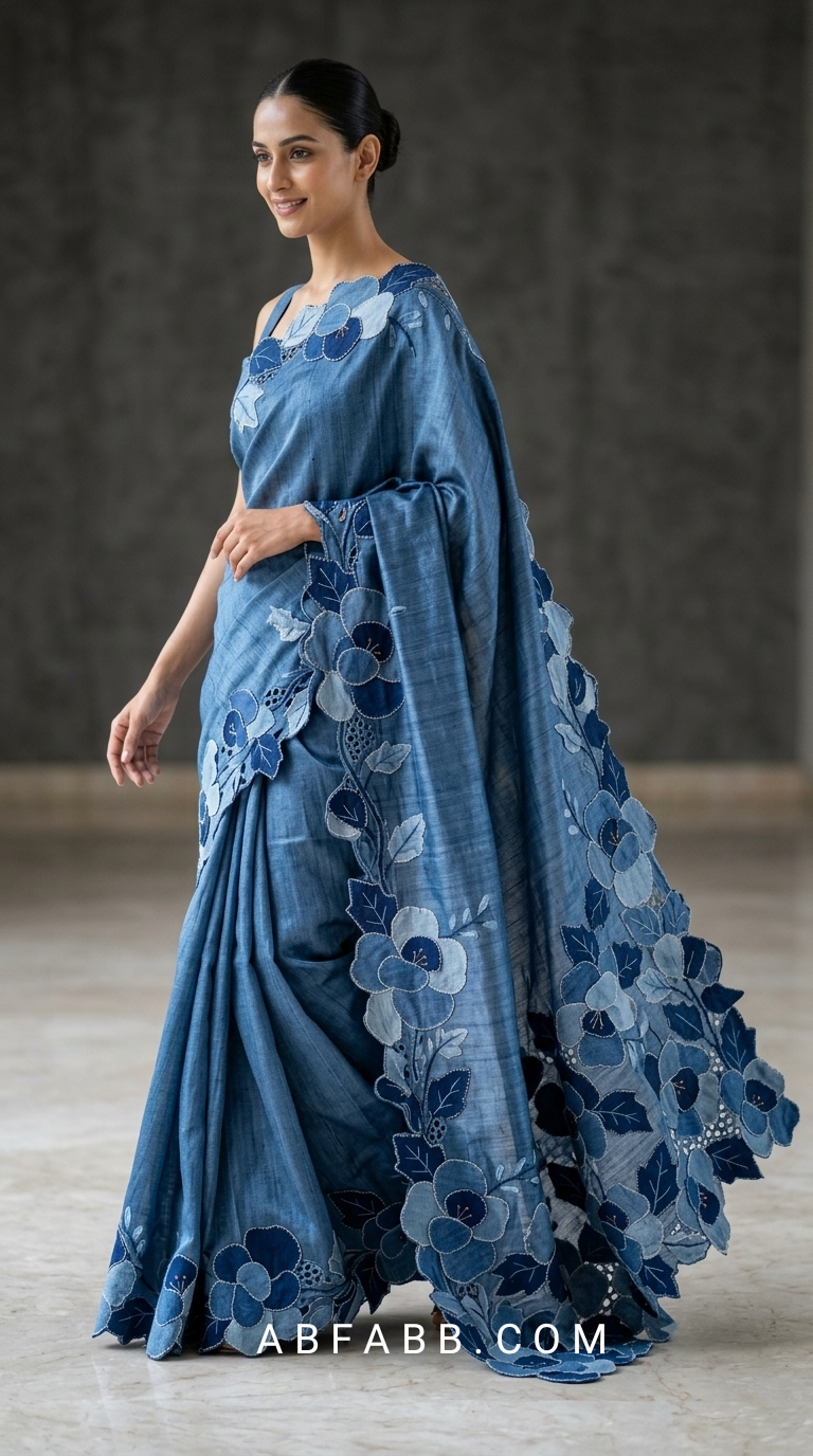 Denim Blue Pure Tussar Silk Saree With Tonal Floral Applique And Cutwork