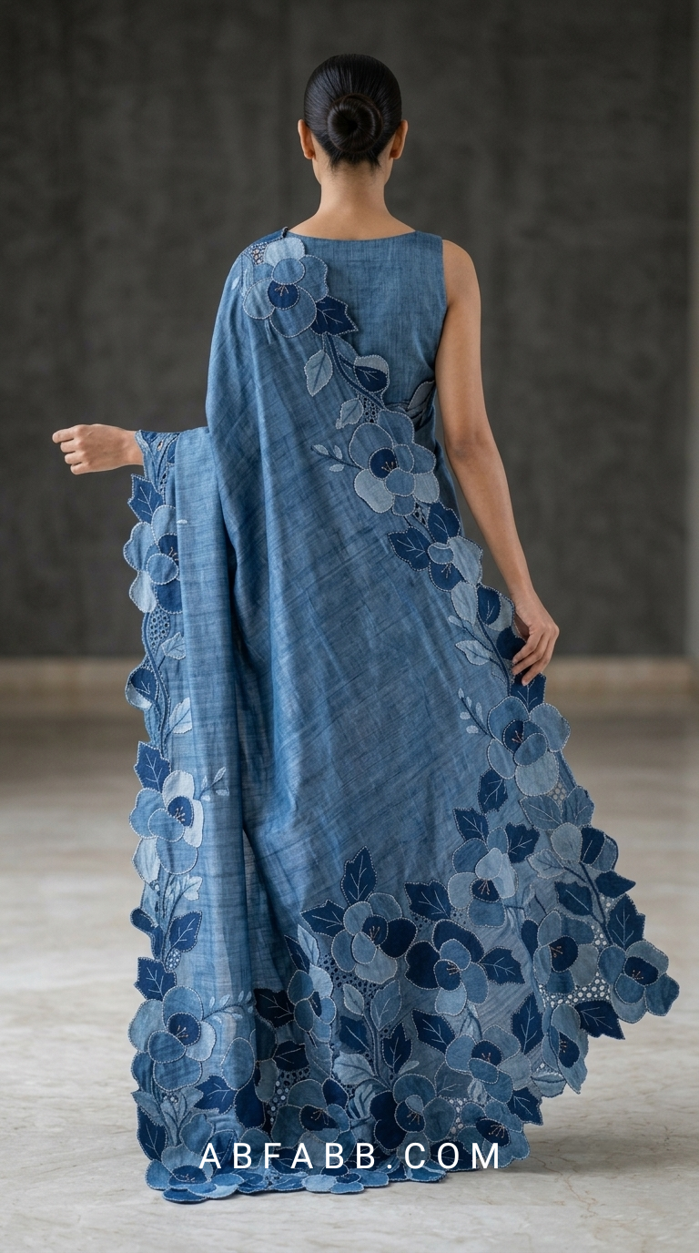 Denim Blue Pure Tussar Silk Saree With Tonal Floral Applique And Cutwork