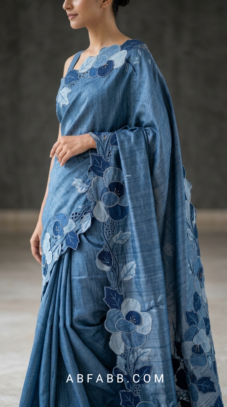 Denim Blue Pure Tussar Silk Saree With Tonal Floral Applique And Cutwork