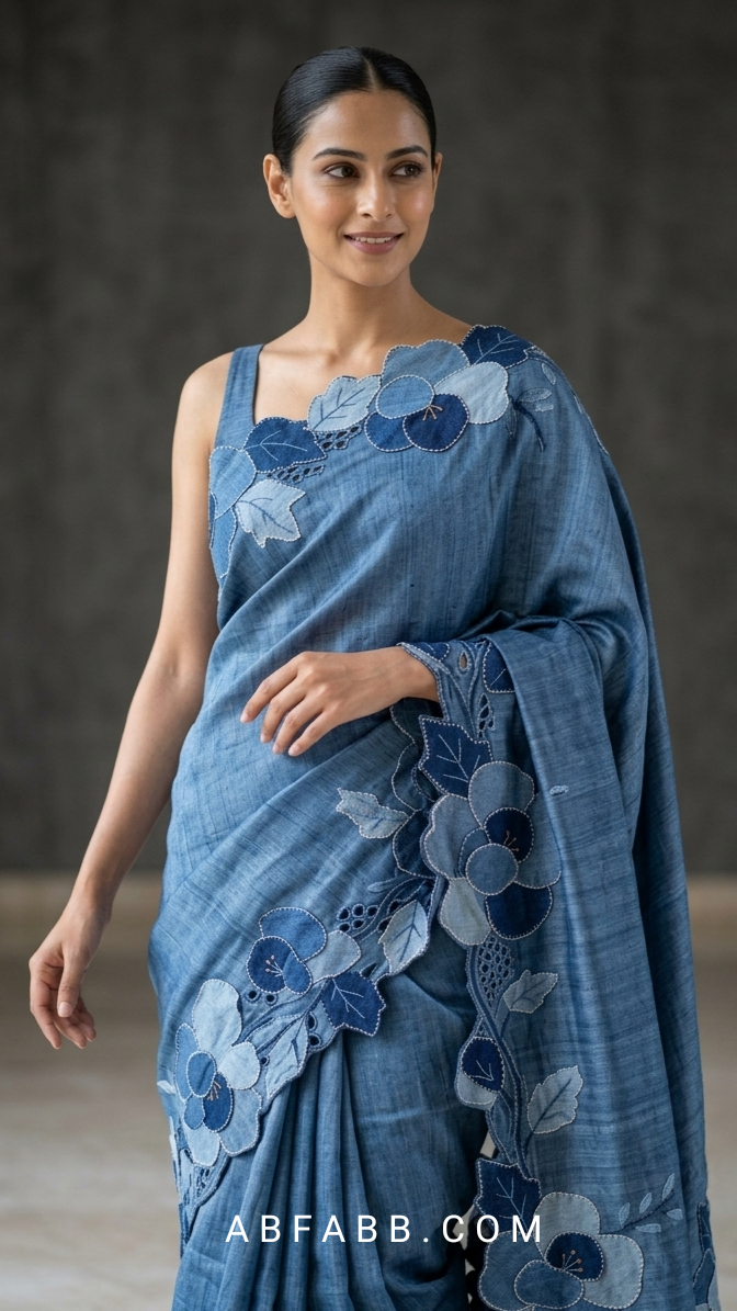 Denim Blue Pure Tussar Silk Saree With Tonal Floral Applique And Cutwork