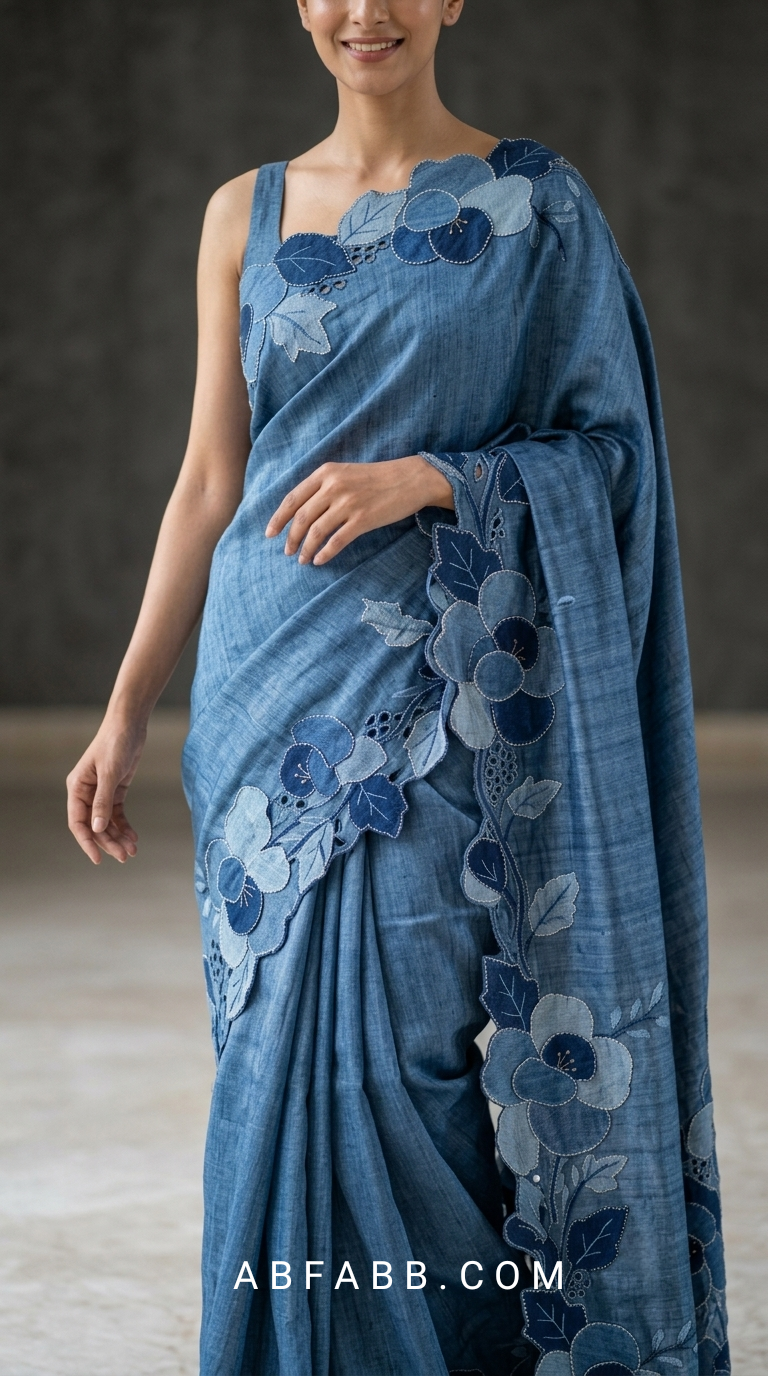 Denim Blue Pure Tussar Silk Saree With Tonal Floral Applique And Cutwork