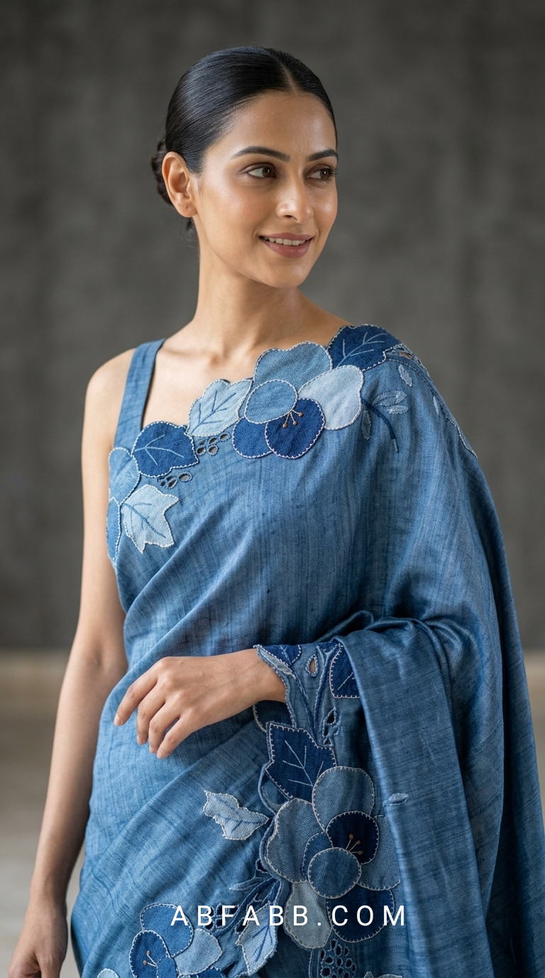 Denim Blue Pure Tussar Silk Saree With Tonal Floral Applique And Cutwork