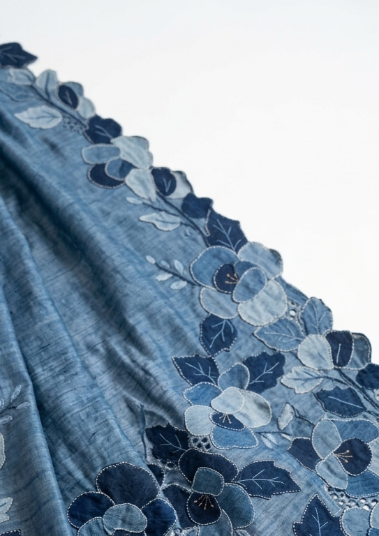 Denim Blue Pure Tussar Silk Saree With Tonal Floral Applique And Cutwork