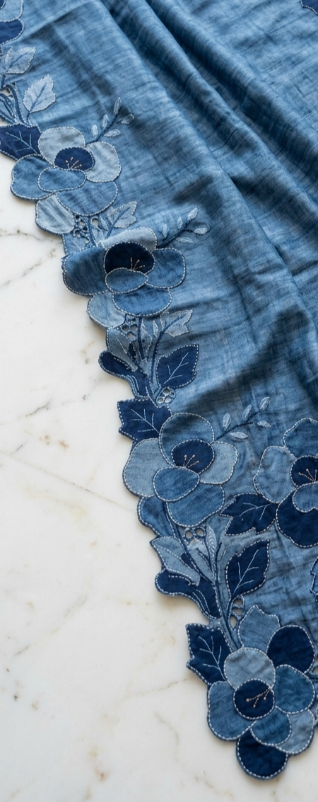 Denim Blue Pure Tussar Silk Saree With Tonal Floral Applique And Cutwork