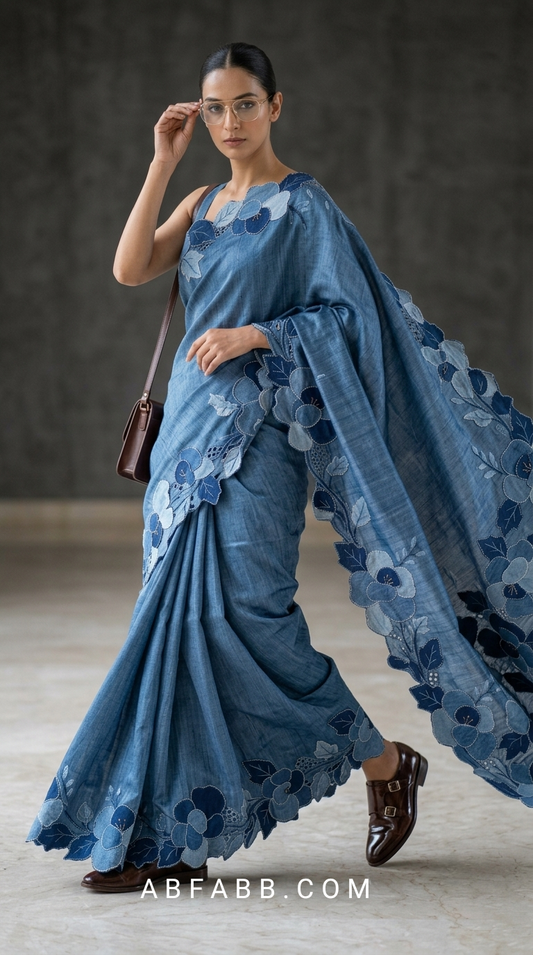 Denim Blue Pure Tussar Silk Saree With Tonal Floral Applique And Cutwork