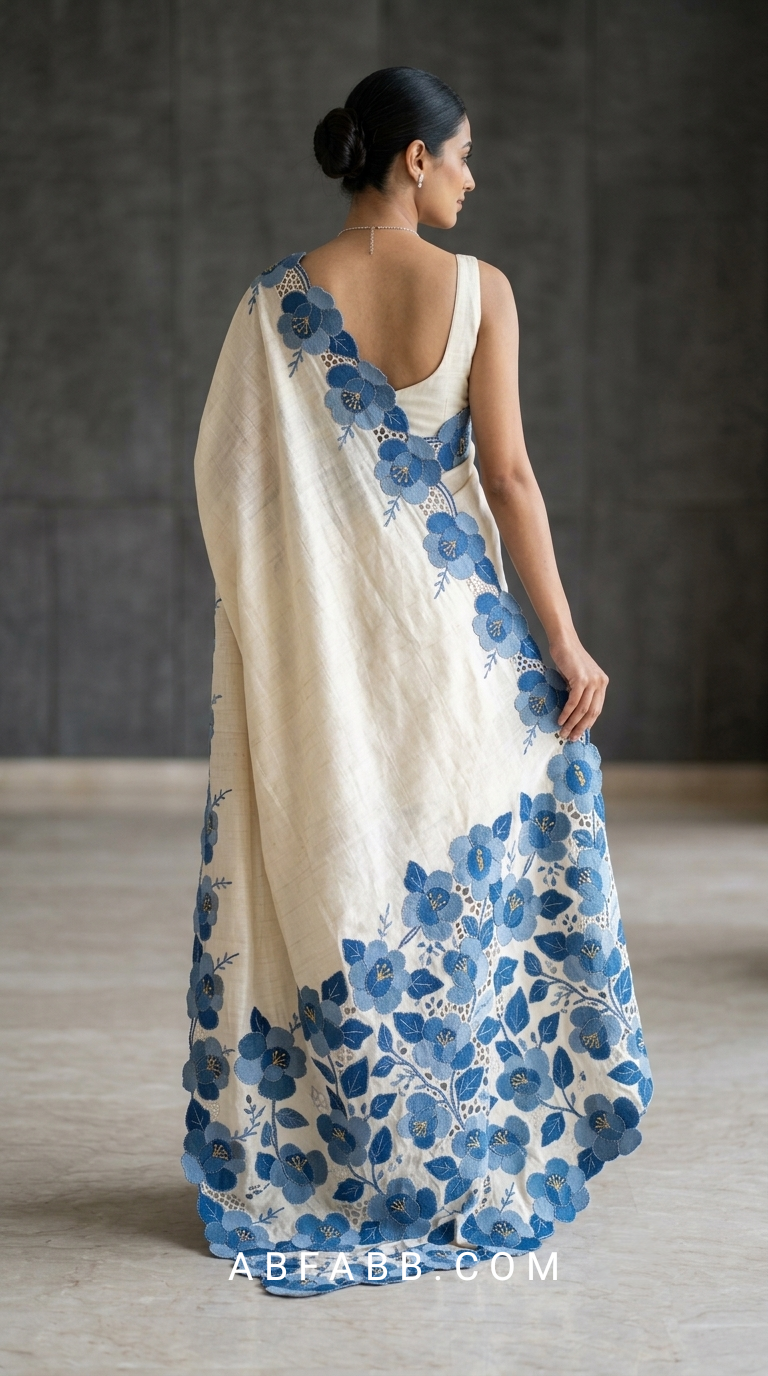 Pure Ivory Tussar Silk Saree With Blue Floral Applique And Cutwork