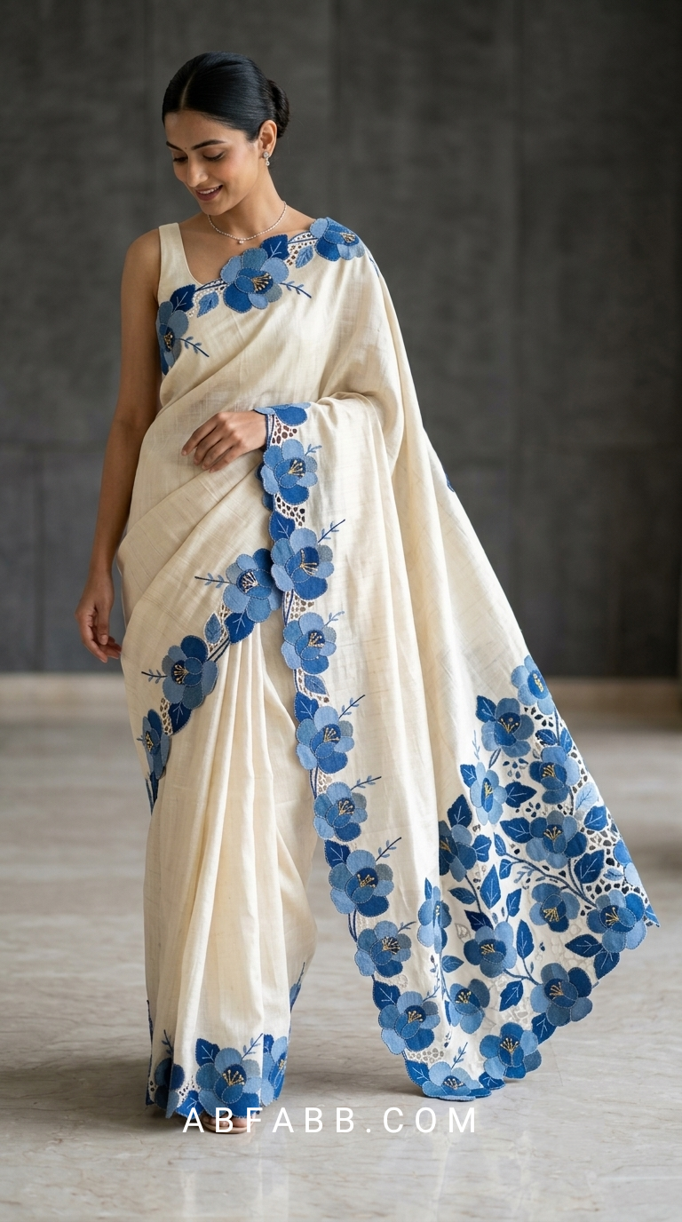 Pure Ivory Tussar Silk Saree With Blue Floral Applique And Cutwork
