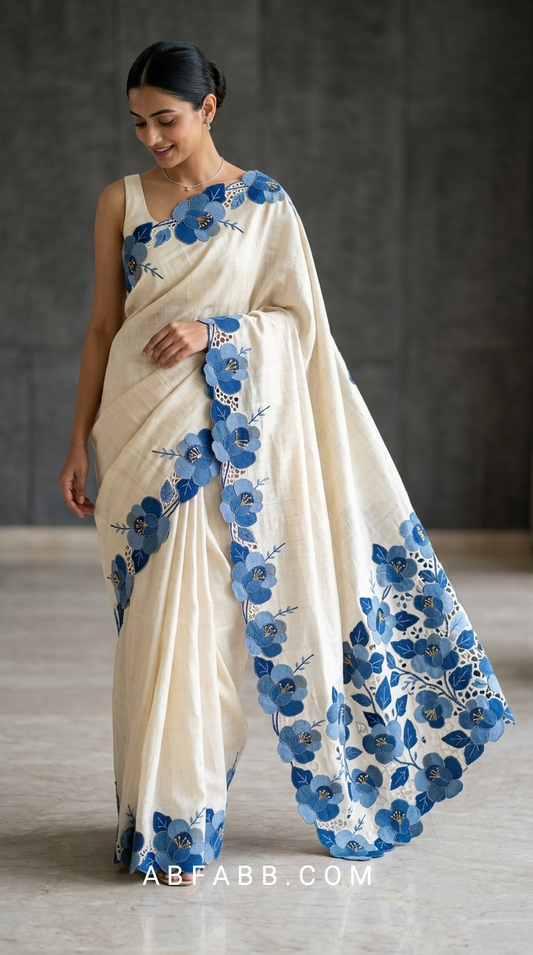 Pure Ivory Tussar Silk Saree With Blue Floral Applique And Cutwork