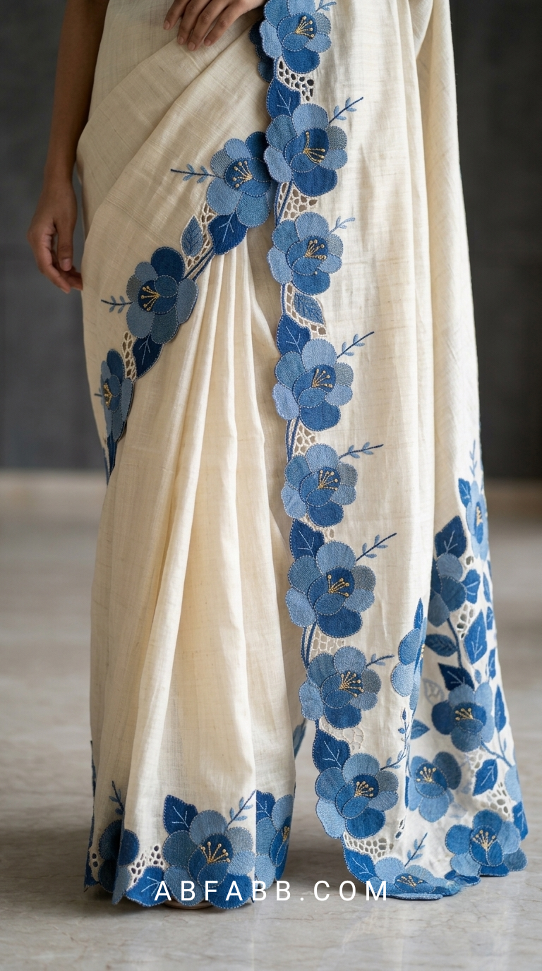 Pure Ivory Tussar Silk Saree With Blue Floral Applique And Cutwork
