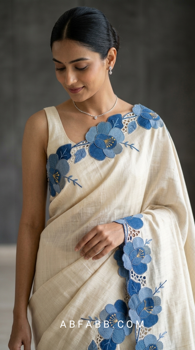 Pure Ivory Tussar Silk Saree With Blue Floral Applique And Cutwork