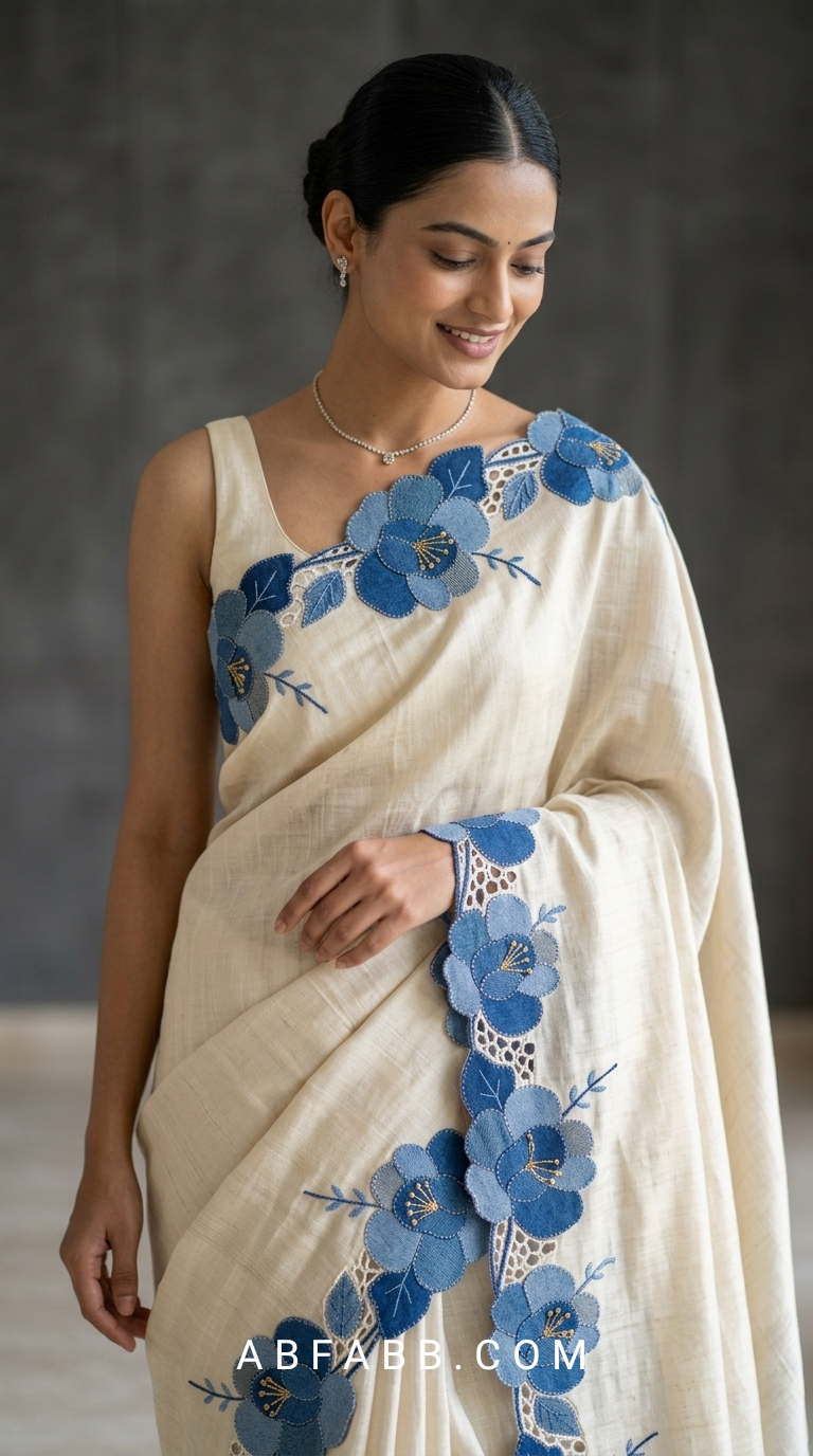 Pure Ivory Tussar Silk Saree With Blue Floral Applique And Cutwork