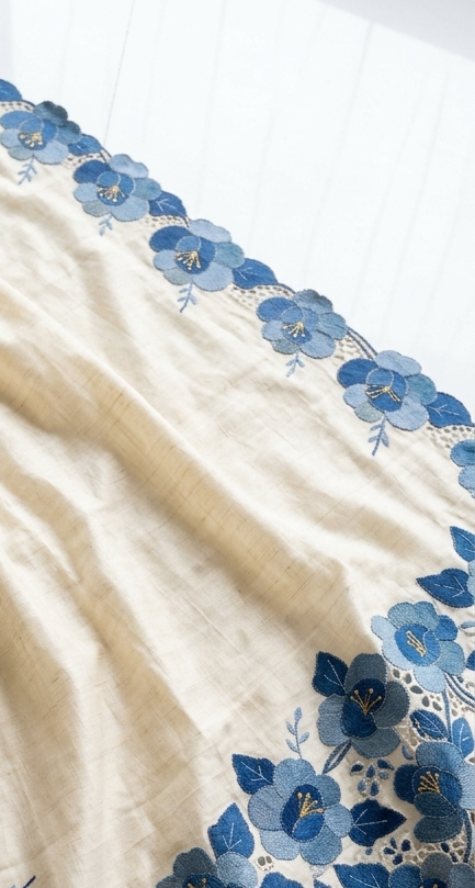 Pure Ivory Tussar Silk Saree With Blue Floral Applique And Cutwork