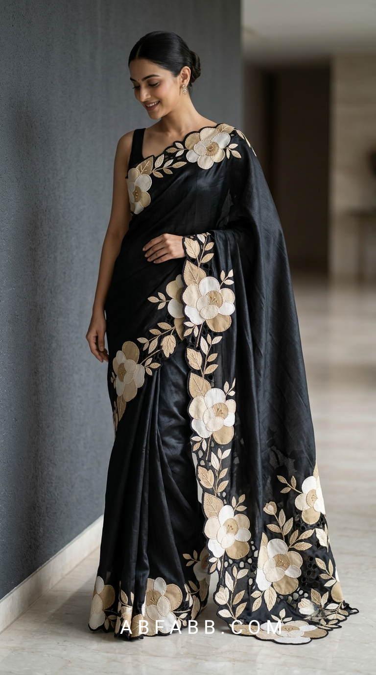 Black Pure Tussar Silk Saree With Cream Floral Applique And Cutwork