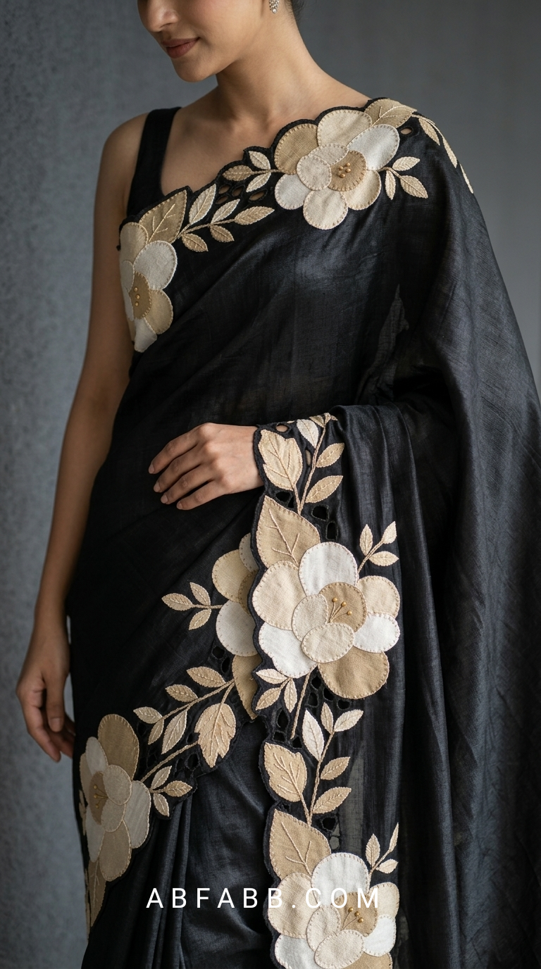 Black Pure Tussar Silk Saree With Cream Floral Applique And Cutwork